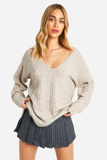 Stone Beige Mixed Rib Longline Jumper