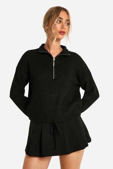 Drawstring Zip Funnel Neck Jumper black