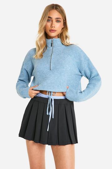 Drawstring Zip Funnel Neck Sweater blue