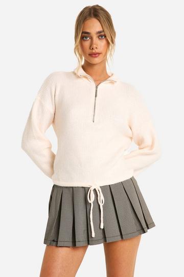 Drawstring Zip Funnel Neck Sweater ecru