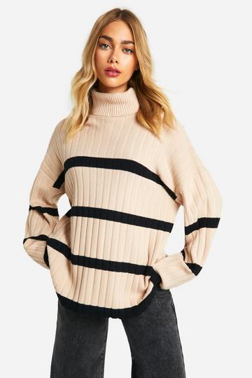 Turtleneck Thick Rib Stripe Sweater camel