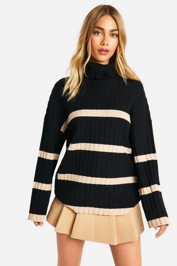 Black Roll Neck Thick Rib Stripe Jumper