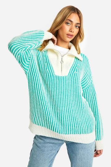 Two Tone Stripe Chunky Funnel Neck Sweater green