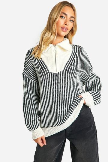 Two Tone Stripe Chunky Funnel Neck Sweater black