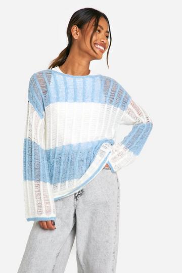 Ladder Knit Stripe Oversized Sheer Jumper blue