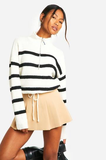 Stripe Drawstring Hemline Zip Funnel Neck Sweater ivory