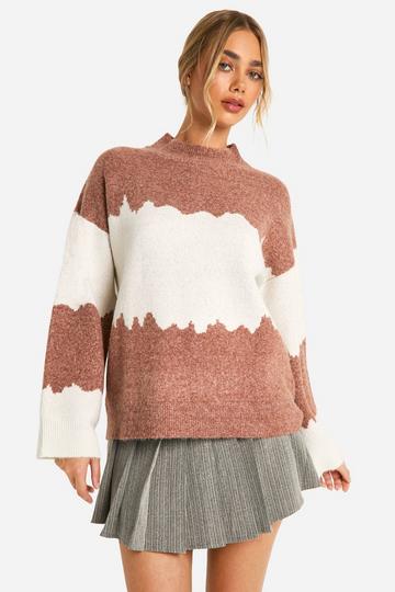 Colour Block Abstract Stripe Oversized Jumper terracotta