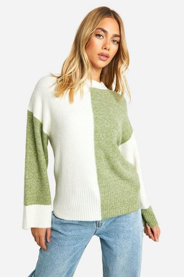 Zachte Gebreide Oversized Color Block Trui khaki