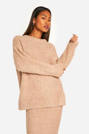 Camel Beige Soft Borg Knitted Oversized Crew Neck Sweater