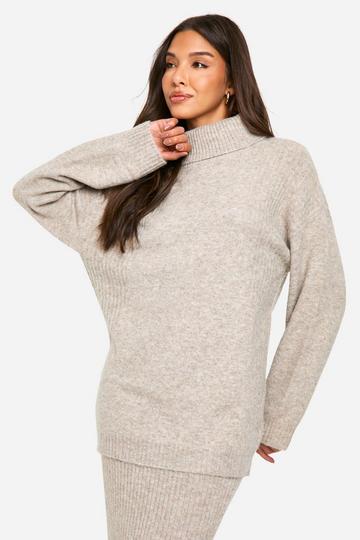 Stone Beige Mixed Rib Detail Oversized Roll Neck Jumper