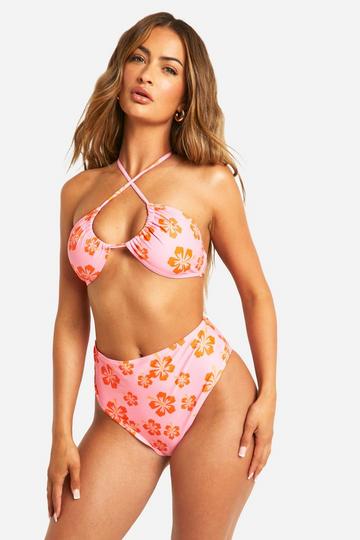 Floraler Neckholder-Bikini mit hohem Bund pink