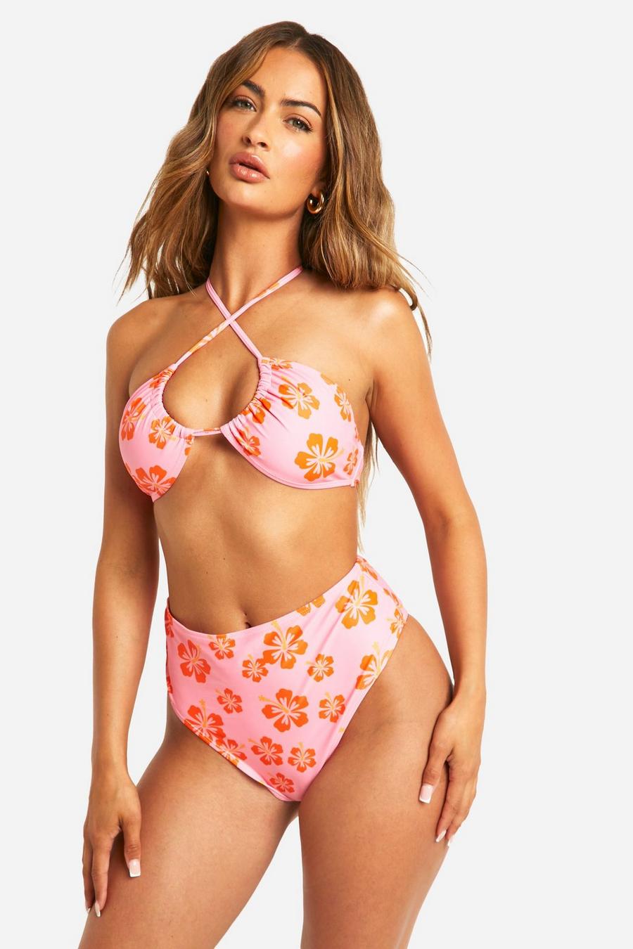 Pink Tropical Floral Halterneck High Waisted Bikini Set image number 1