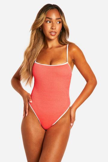 Contrast Binding Crinkle Strappy Swimsuit coral