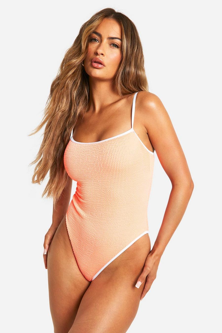 Coral Contrast Binding Crinkle Strappy Swimsuit image number 1