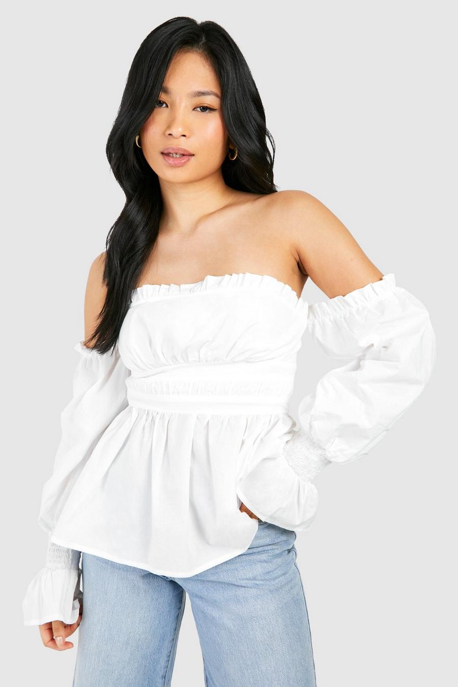 White Petite Puff Sleeve Cotton Top image number 1