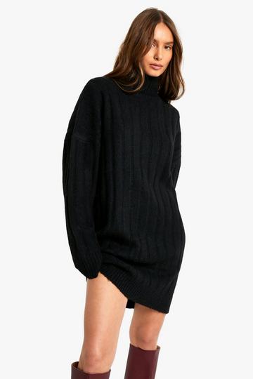 Wide Soft Rib Roll Neck Jumper Dress black