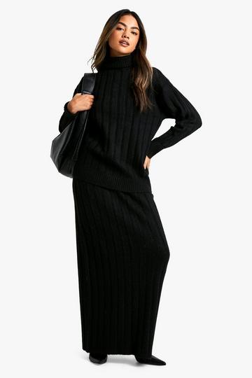 Wide Soft Rib Roll Neck Jumper And Maxi Skirt Co-ord black