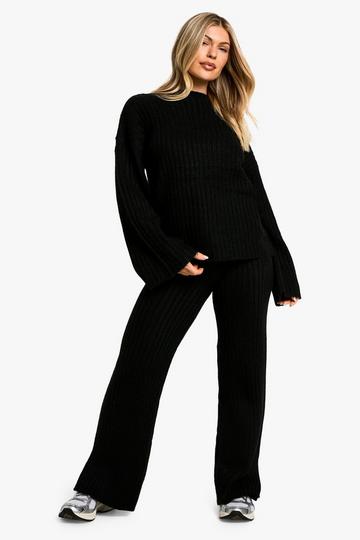 Soft Knit Thick Rib Crew Neck Oversized Jumper And Knitted Trouser Set black