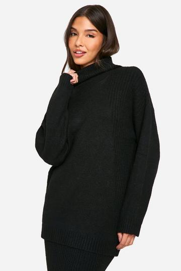 Black Mixed Rib Detail Oversized Roll Neck Jumper