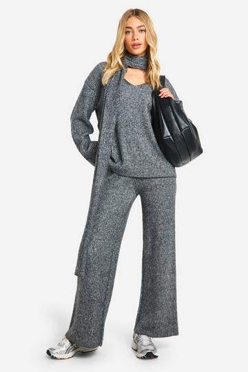 Stitch Detail Soft Knit Wide Leg Knitted Trouser grey