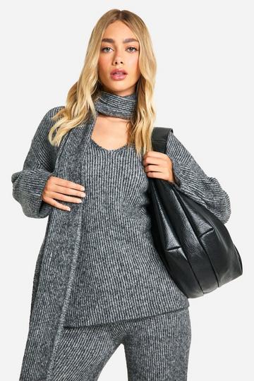 Grey Stitch Detail V Neck Oversized Knitted Jumper And Scarf