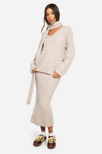 Soft Knit V Neck Oversized Jumper And Scarf stone