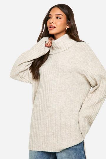 Stone Beige Oversized Cowl Neck Rib Knit Jumper