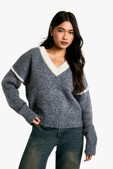 Grey Soft Knit Contrast Detail Knitted V Neck Jumper