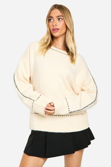 Oversized Zachte Gebreide Trui Met Stiksels En Crewneck ecru