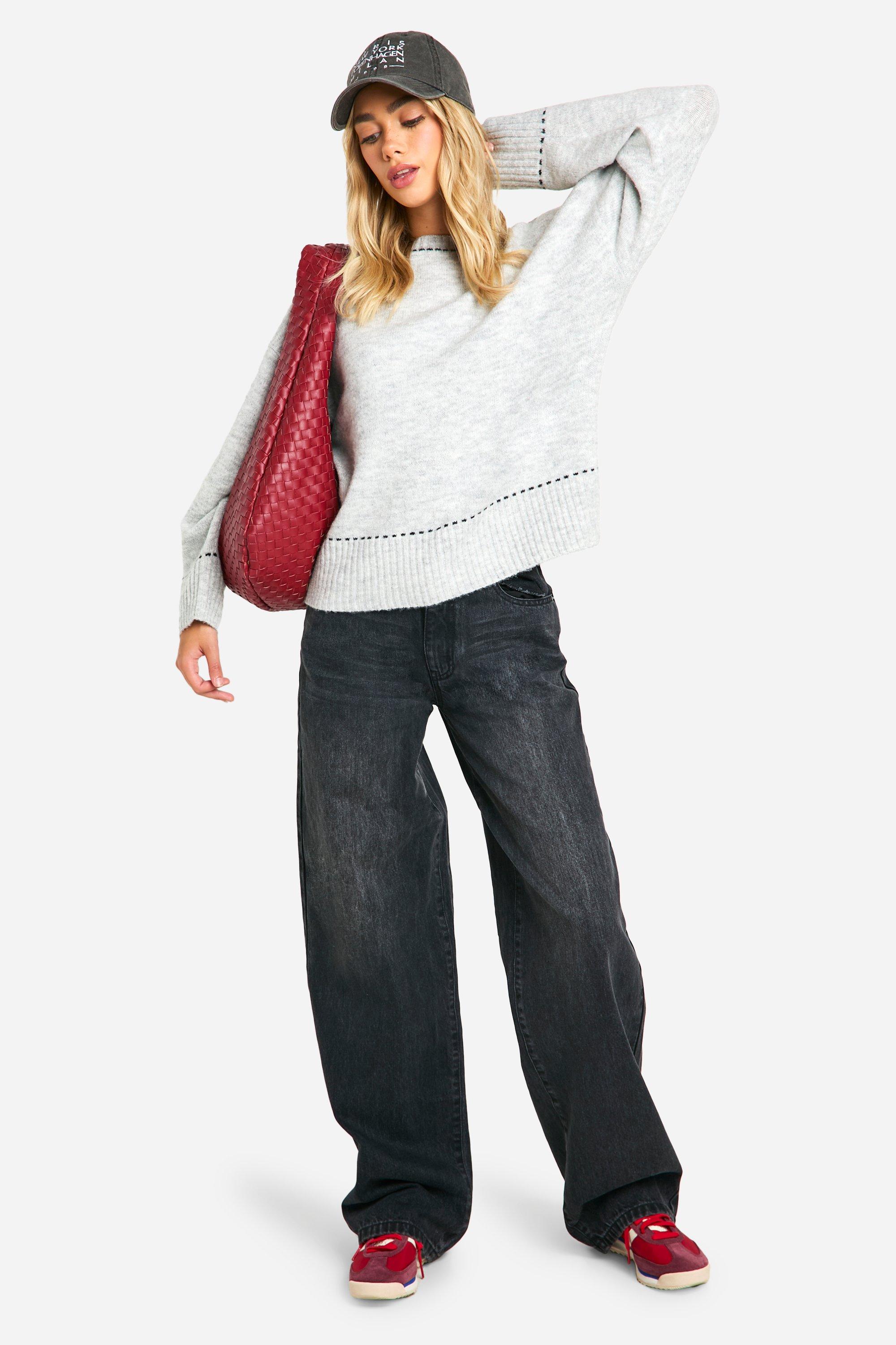 Stitch Detail Soft Knit Oversized Crew Neck Jumper | boohoo