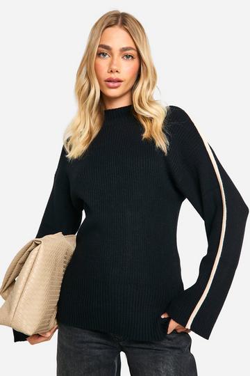 Black Knitted Bindng Detail Crew Neck Oversized Jumper