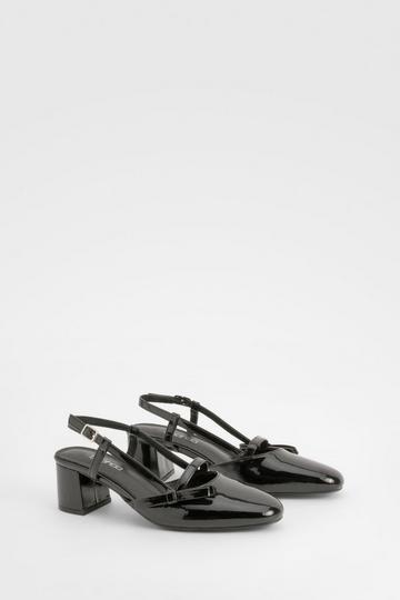 Black Patent Bow Detail Low Block Heel Slingback Ballets