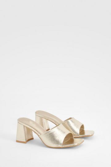 Gold Metallic Low Block Heeled Mules