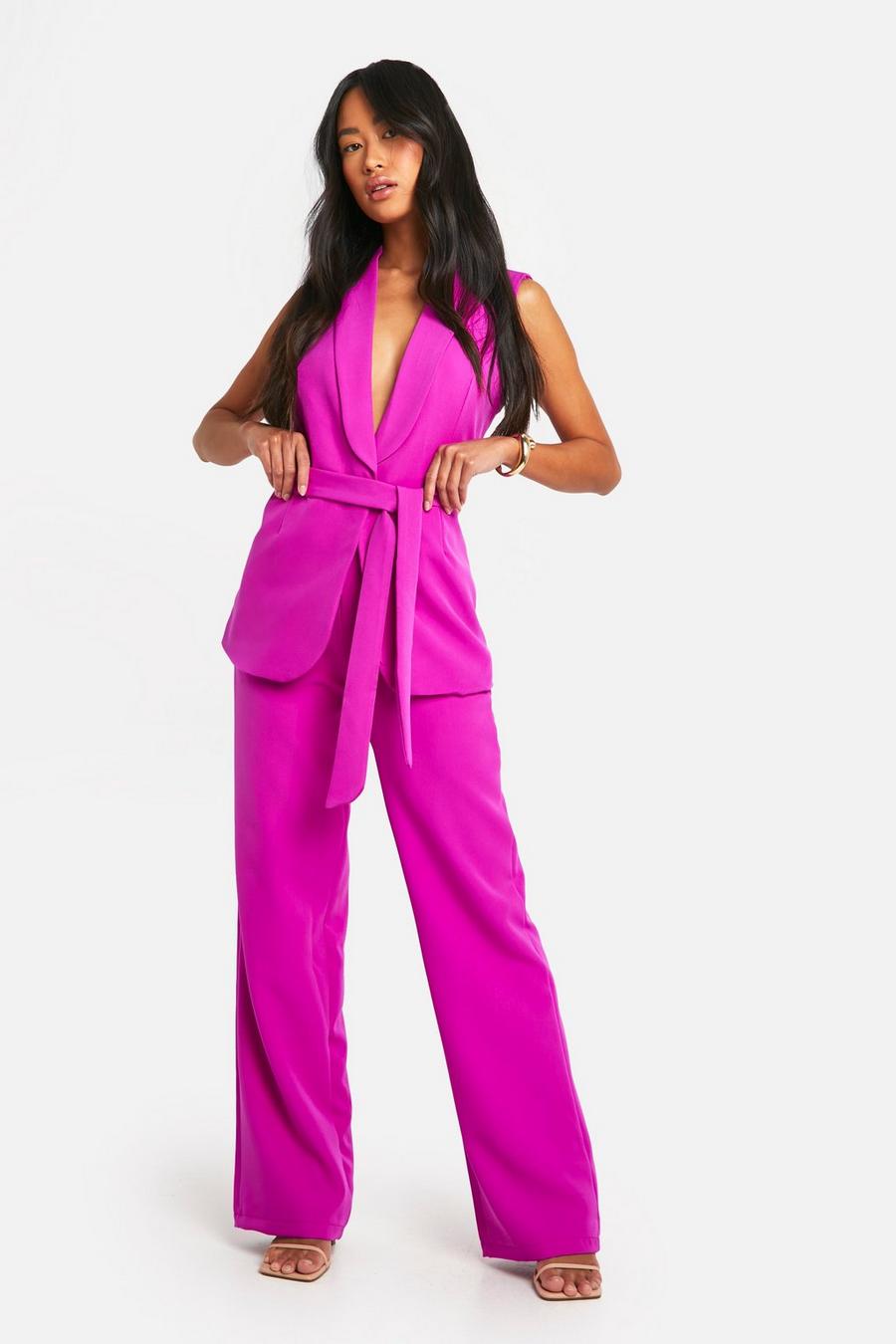 Magenta Pleat Front Straight Leg Tailored Pants image number 1