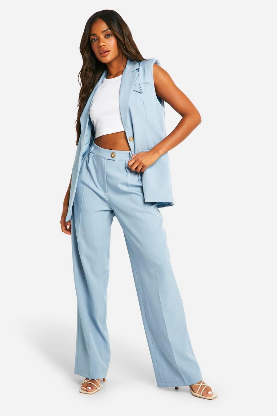 Powder blue Linen Look Pleat Front Wide Leg Trousers image number 1