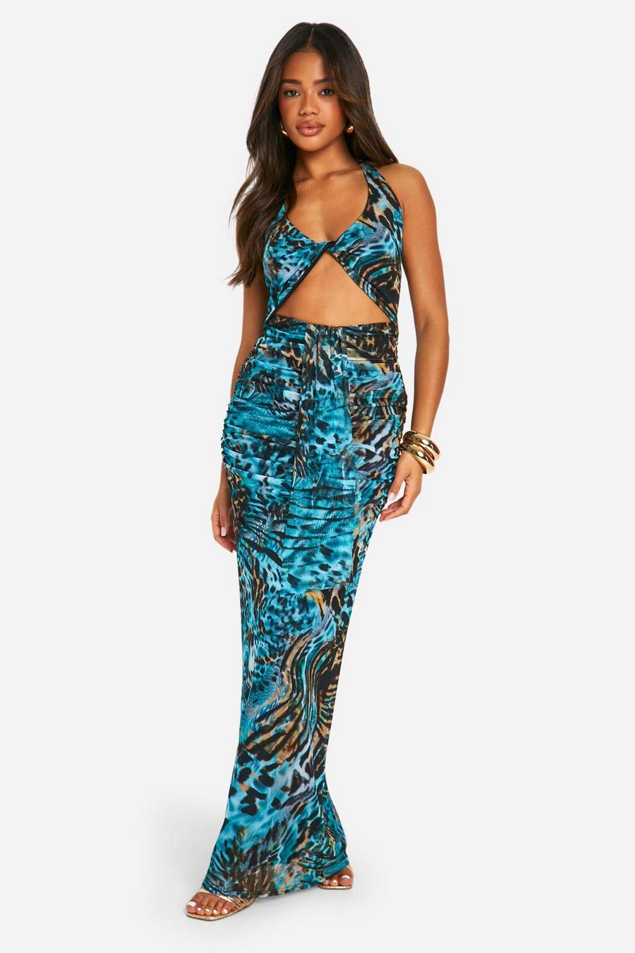 Blue Twist Detail Cut Out Animal Printed Mesh Maxi Dress image number 1