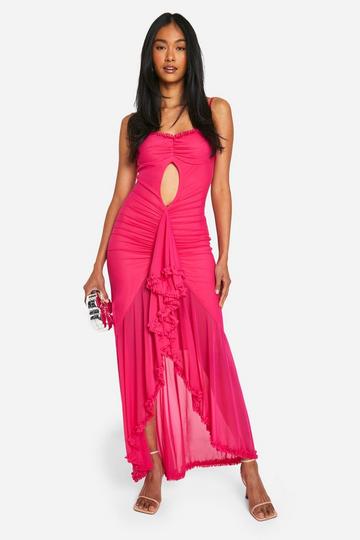 Trim Cut Out Extreame Ruffle Front Maxi Dress hot pink