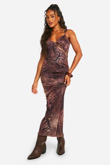 Cut Out Strappy Ruffle Snake Printed Mesh Maxi Dress brown