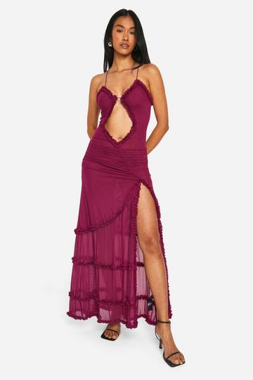 Plum Purple Trim Cut Out Asym Extreame Ruffle Maxi Dress