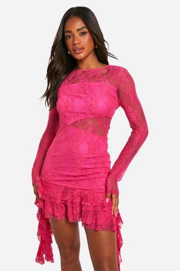 Lace Ruffle Hem Mini hot pink