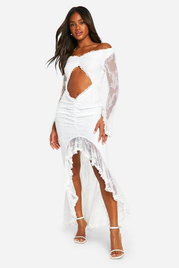 Lace Eyelash Bardot Ruffle Maxi white