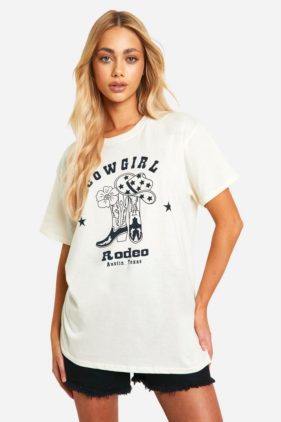 Oversize T-Shirt mit Cowgirl Rodeo Slogan, Stone image number 1