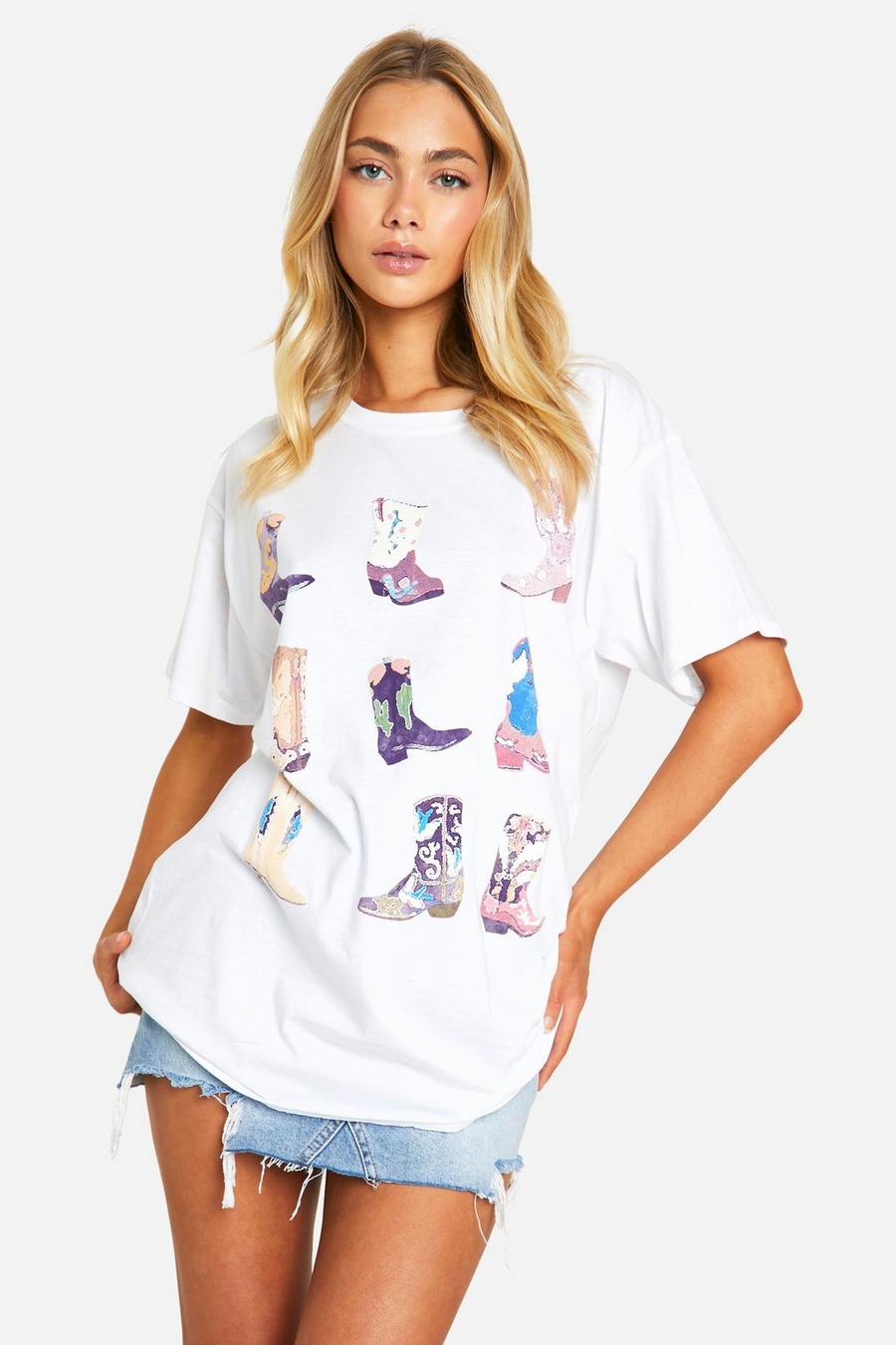 Camiseta oversize con estampado de botas camperas, White image number 1