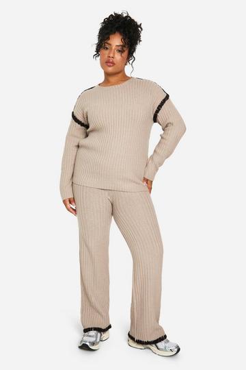 Plus Premium Heavyweight Contrast Trim Jumper And Trouser Knitted Set taupe