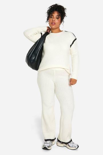 Ecru White Plus Premium Heavyweight Contrast Trim Jumper And Trouser Knitted Set