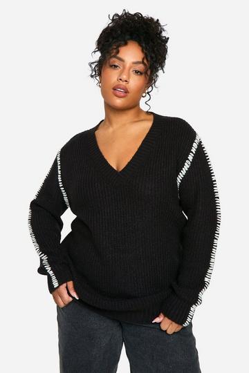 Plus Premium Contrast Trim V Neck Longline Jumper black