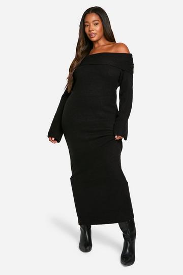 Plus Premium Oversized Rib Bardot Neckline Soft Knit Jumper Dress black