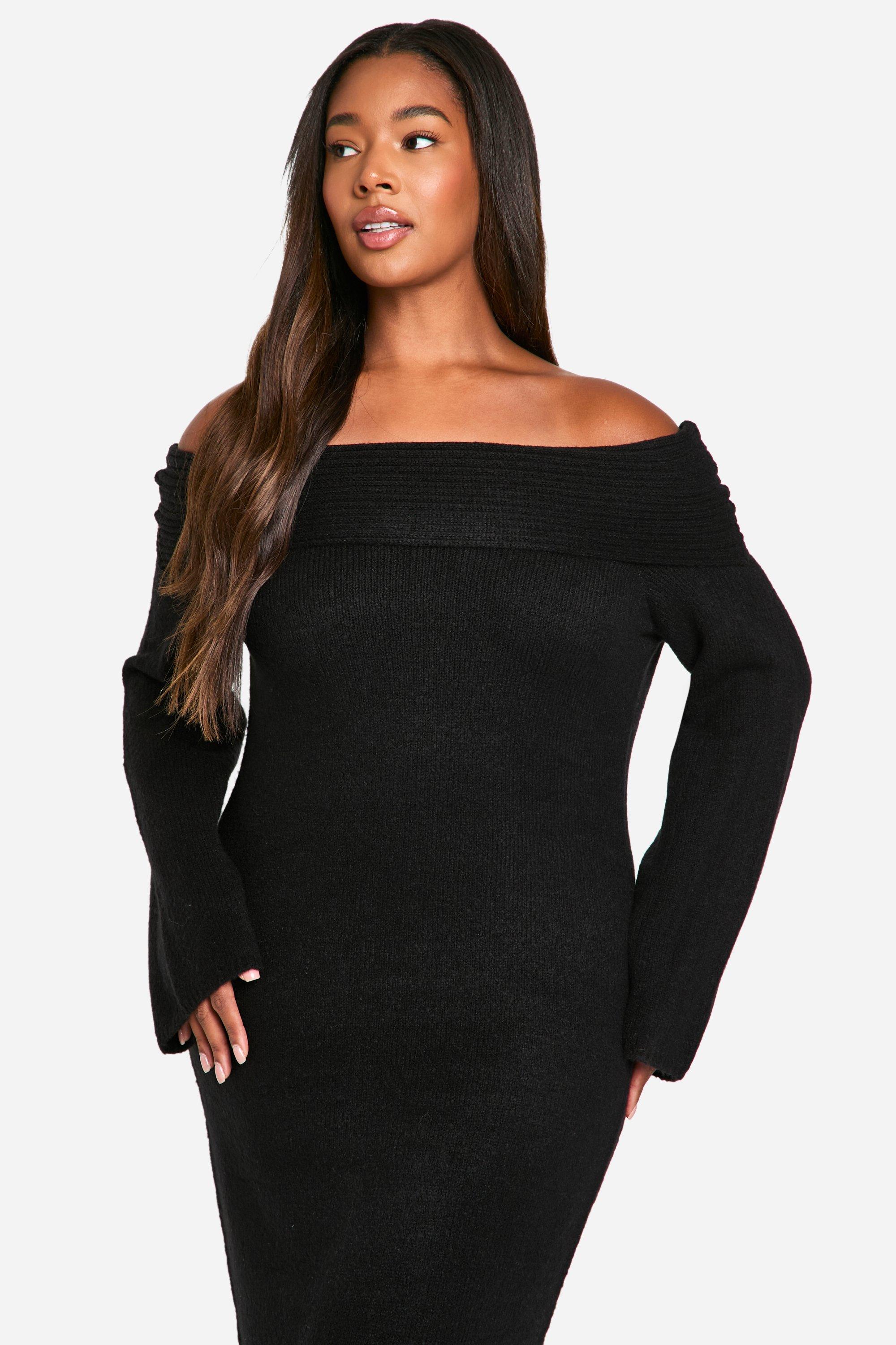 boohoo Plus Premium Oversized Rib Off The Shoulder Neckline Soft Knit Sweater Dress Black Size 24