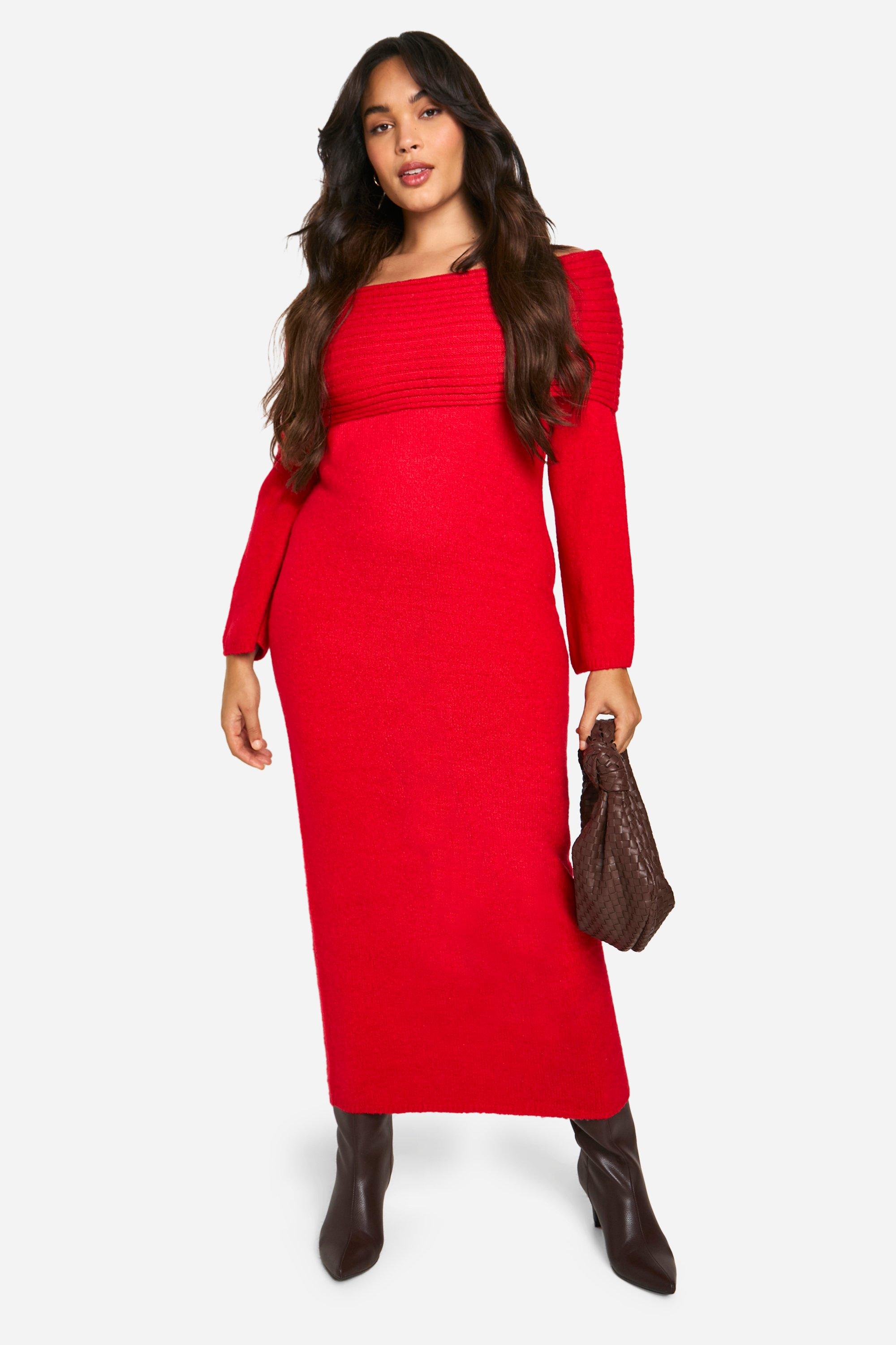 Boohoo Women s Plus Premium Oversized Rib Bardot Neckline Soft Knit Jumper Dress Red