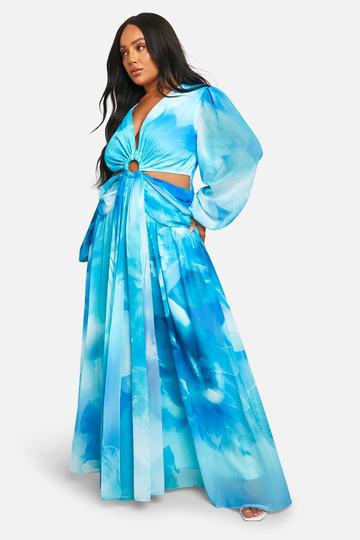Plus Printed Chiffon Cut Out Maxi Dress blue